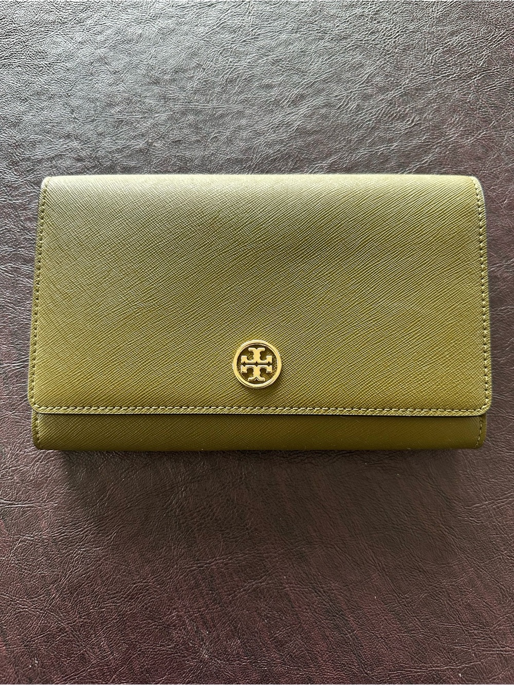 Tory Burch Olive Green Leather Compact Wallet with Gold Logo